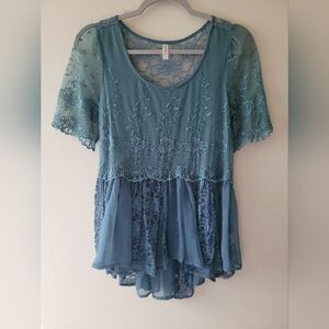 Free People Teal Lace Blouse
